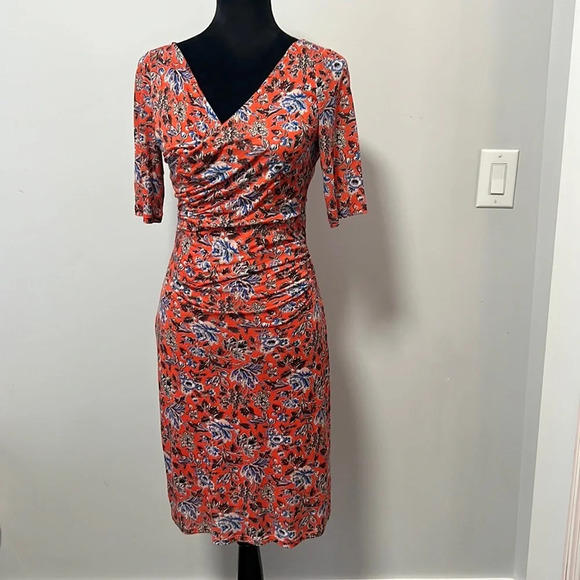 Boden Rita Ruched Firecracker Painterly Floral Jersey Dress size 6P - Picture 2 of 9